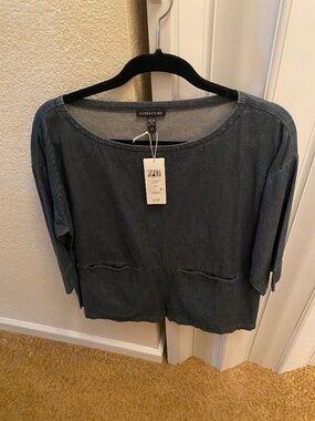 EILEEN FISHER LADIES TOP DENIM TWILL SIZE S ORGANIC COTTON BATEAU NECK /POCKETS